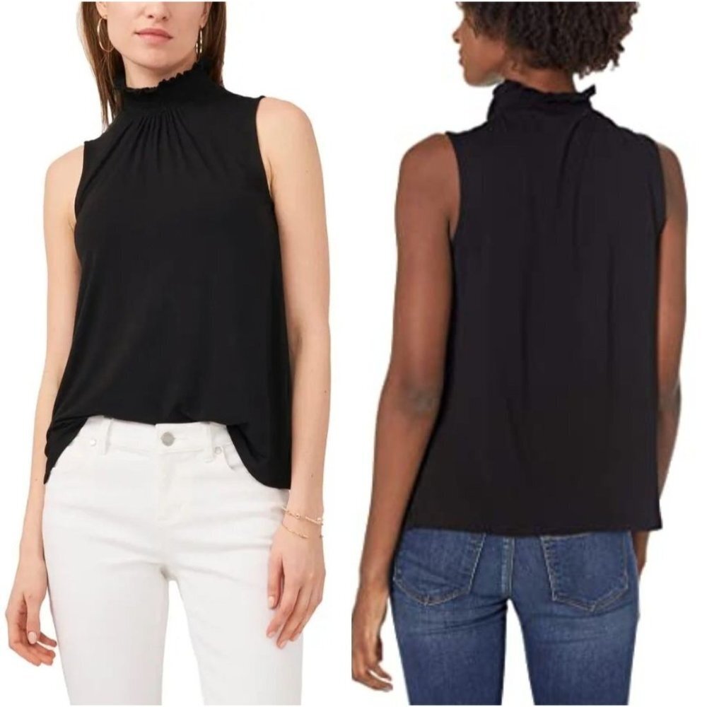 Vince Camuto True Black Smocked Ruffles Sleeveless Knit Pullover Top